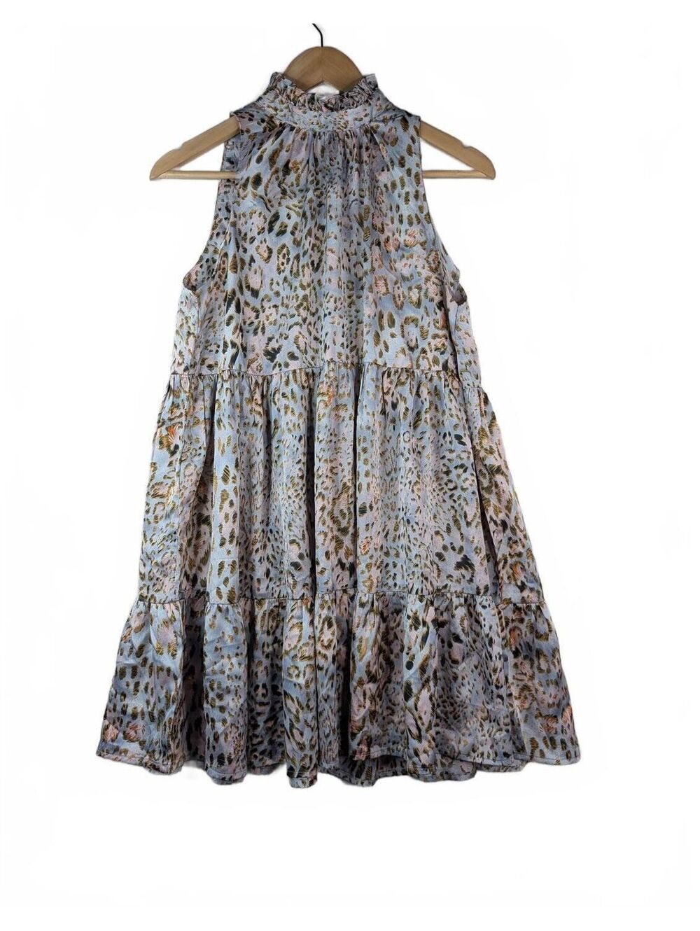 TCEC Sleeveless Tiered Dress‎ with Ruffle Neck in Animal Print, Size Small